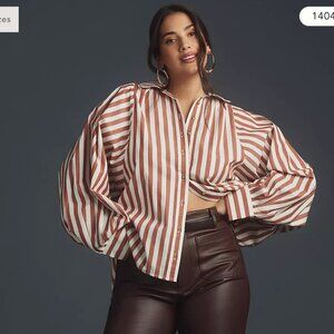Anthropologie Pilcro Boyfriend Batwing Plus Buttondown Blouse  (Brown Motif, 2X)
